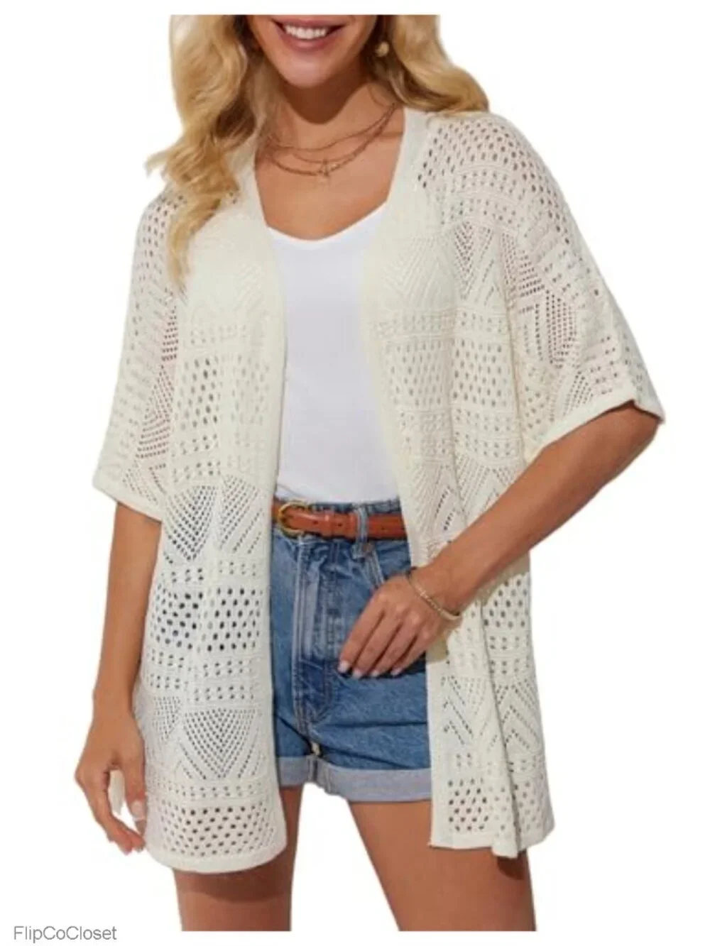 Crochet Knit Batwing Sleeve Kimono Cardigan Lightweight Summer Coverup